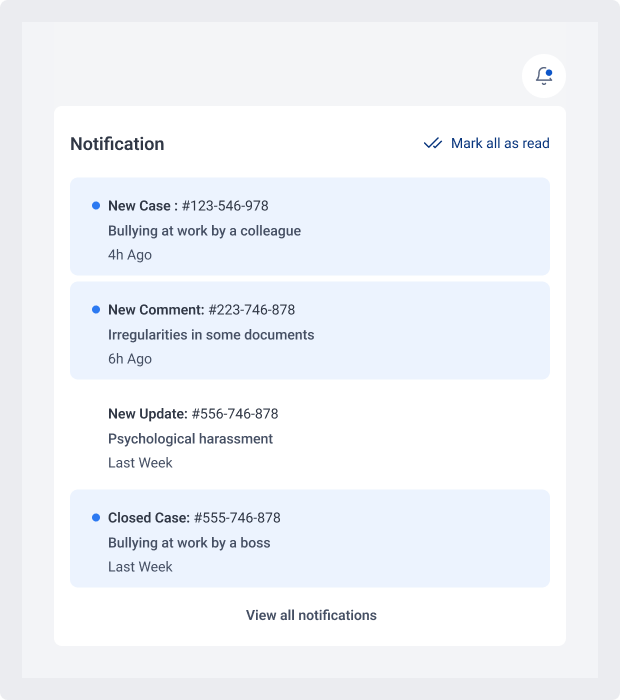 Screenshot of the notifications page showing various alerts in the whistleblowing management application.